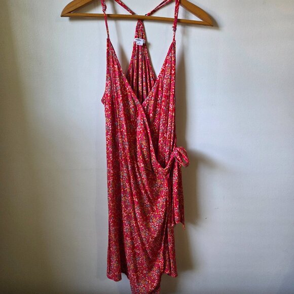 EUC LIKE NEW ONEILL RED DITSY FLORAL WRAP MINI DRESS SIZE L - Picture 1 of 14